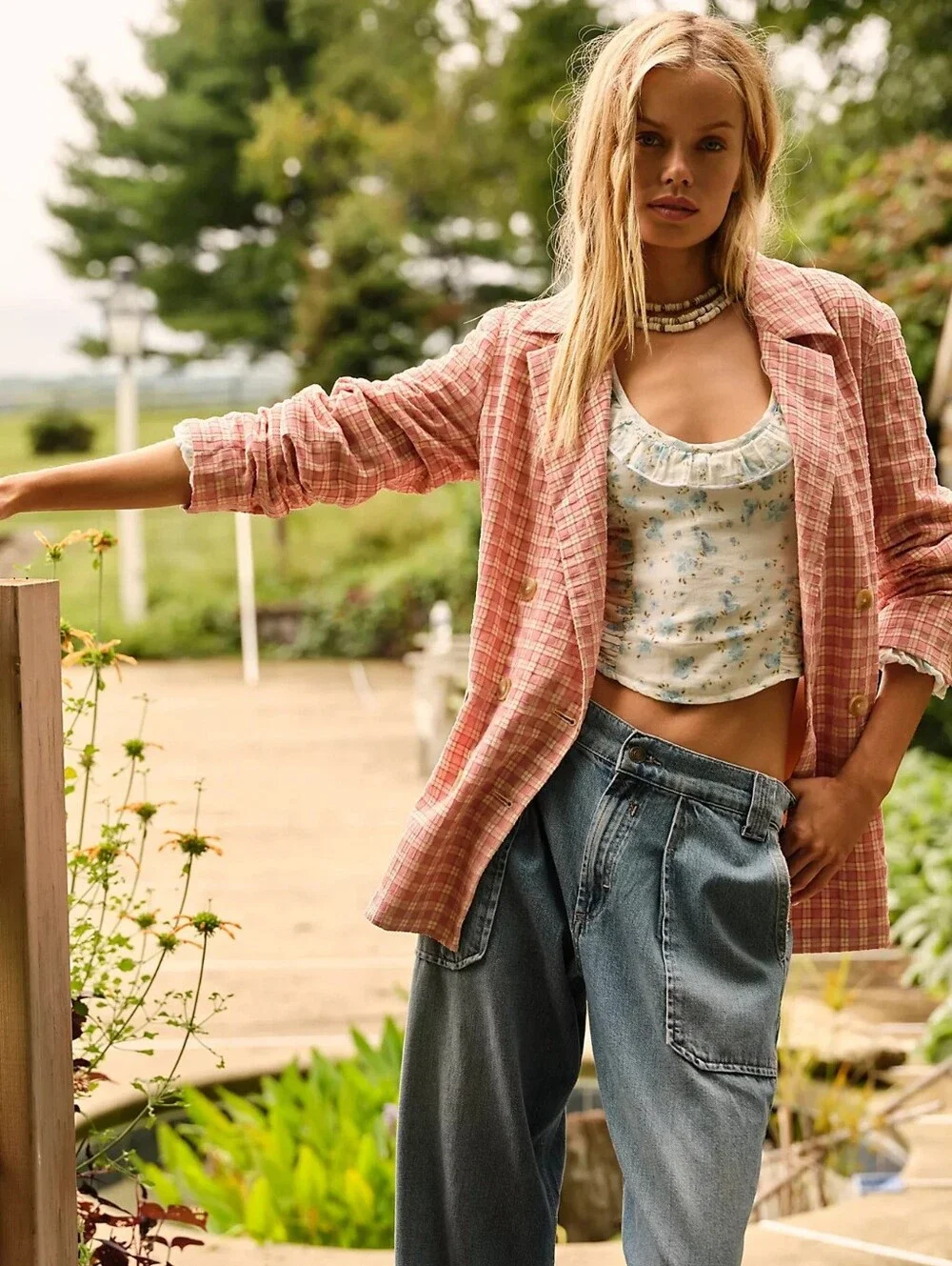 FREE PEOPLE Olivia Gingham Double Breasted Blazer XL